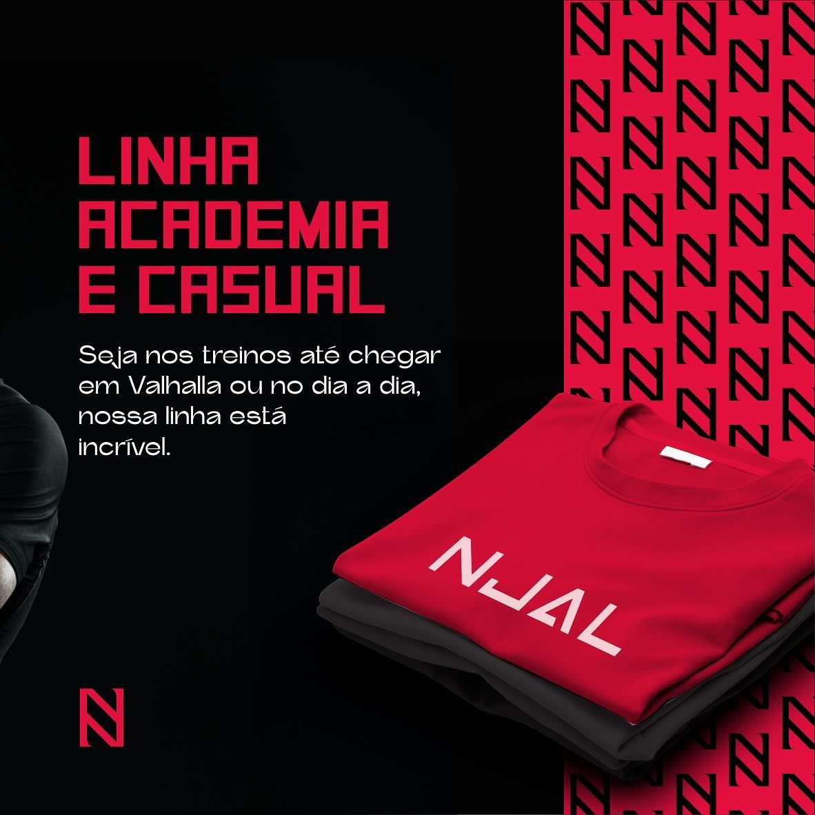 Arte oficial da Linha Academia e Casual: camisetas dobradas, vermelha com NJAL em branco, sobre padrão de monogramas.