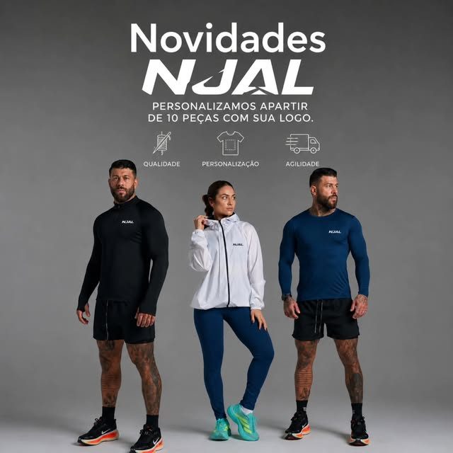 Arte oficial: Novidades NJAL, personalizamos a partir de 10 peças com sua logo. Três atletas com peças personalizadas