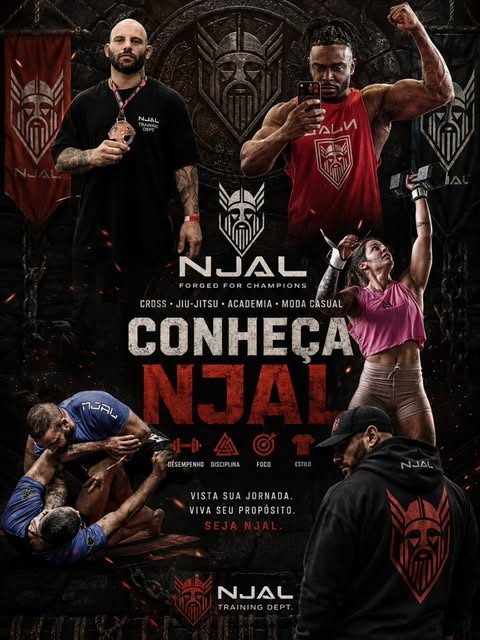 Pôster oficial Conheça NJAL: colagem de atletas de crossfit, jiu-jitsu e academia com o brasão do viking.
