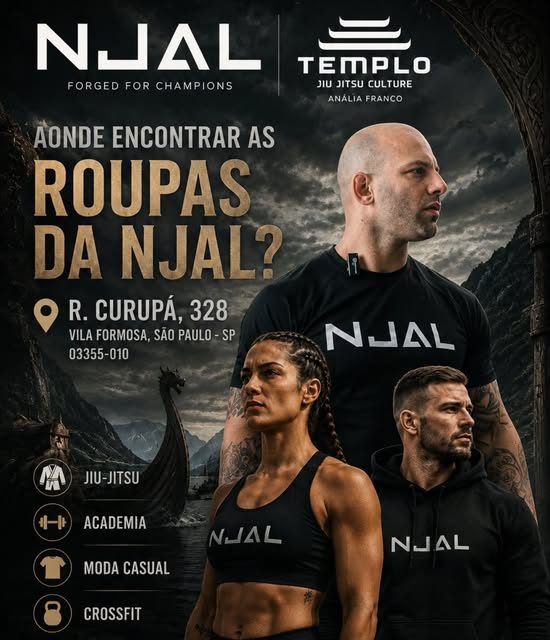 Arte oficial NJAL e Templo Jiu-Jitsu Culture: três atletas de preto, endereço R. Curupá 328, Vila Formosa.